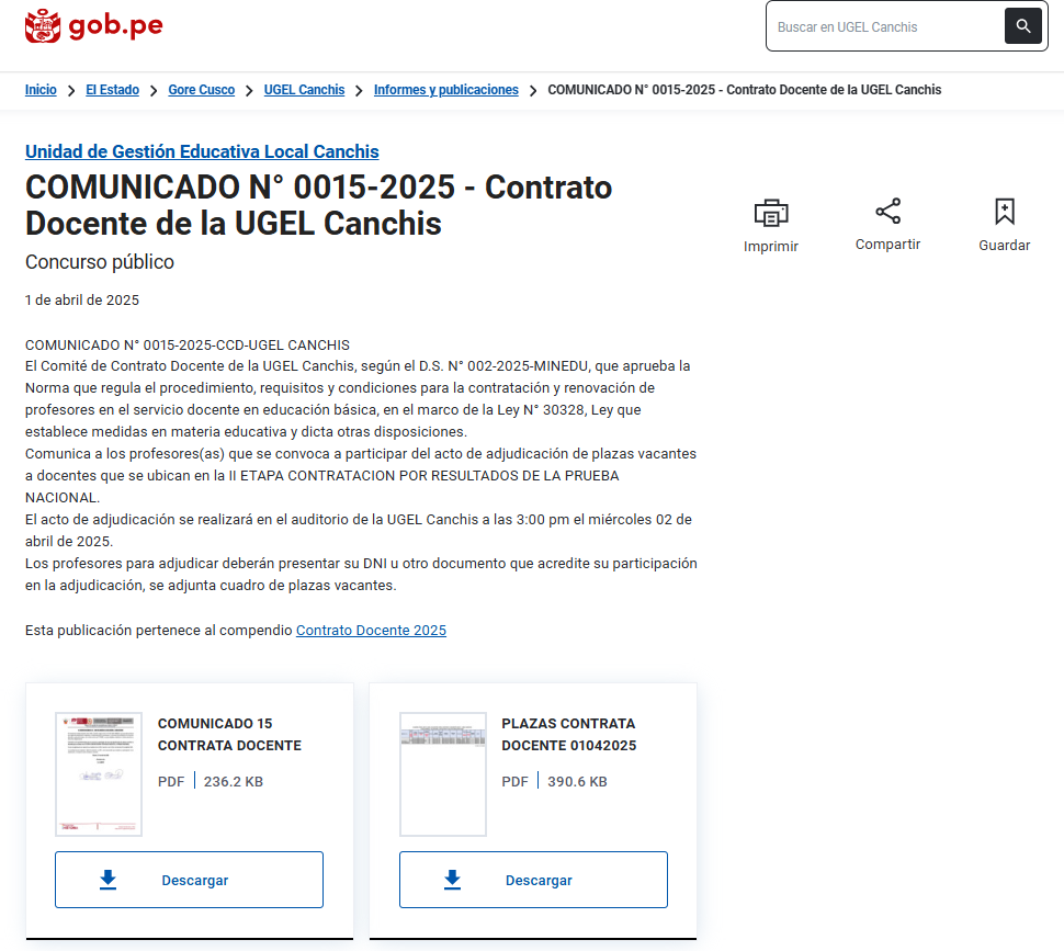 COMUNICADO N° 0015-2025 - Contrato Docente de la UGEL Canchis